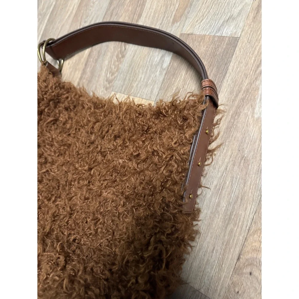 Eric Javits Brown Faux Fur Hobo Bag Leather Trim Adjustable Strap Shoulder Bag